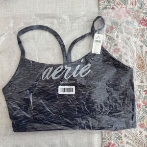 Aerie OFFLINE Real Me Strappy Sports Bra Black Space Dye Women's Large NWT